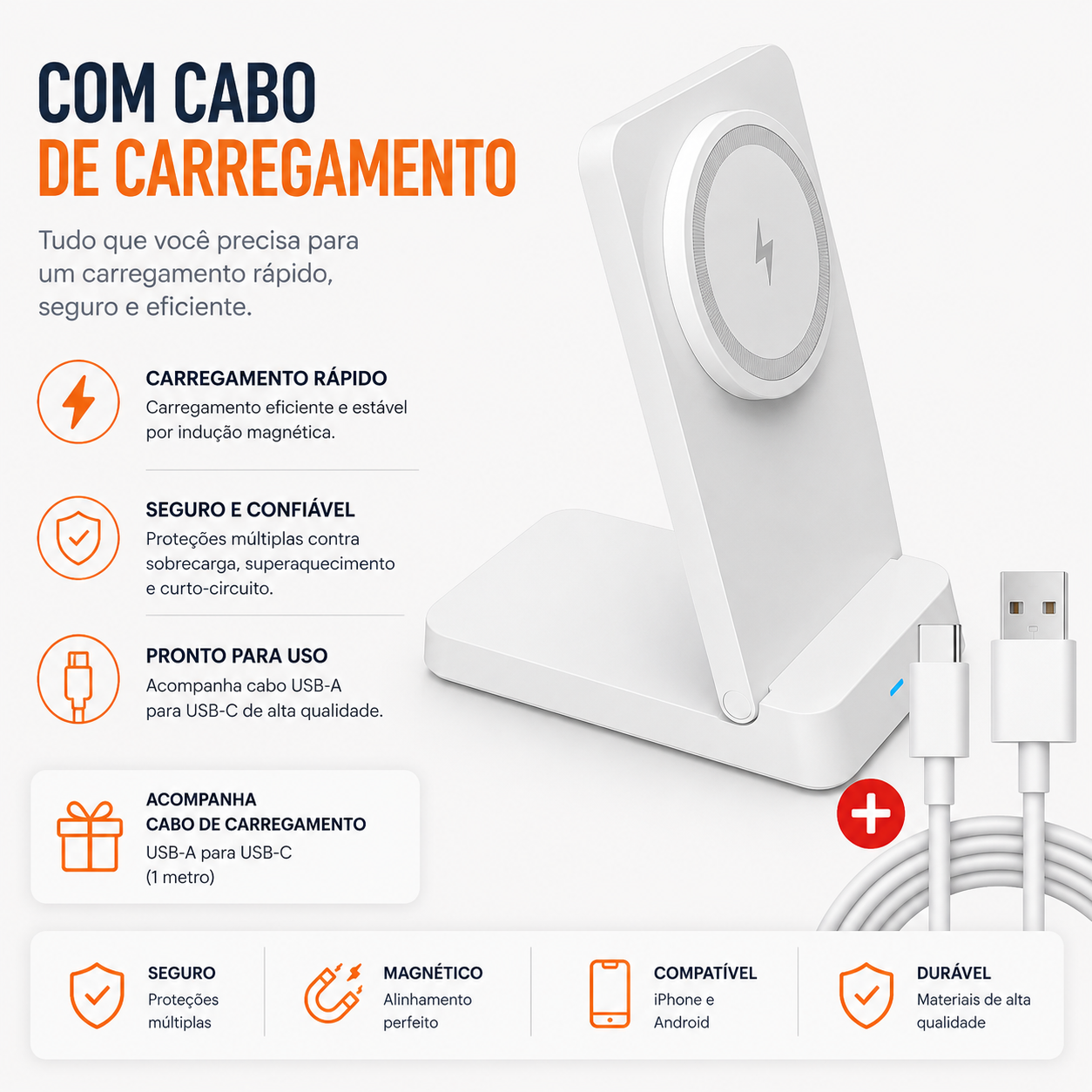 Carregador magnético branco com cabo de carregamento