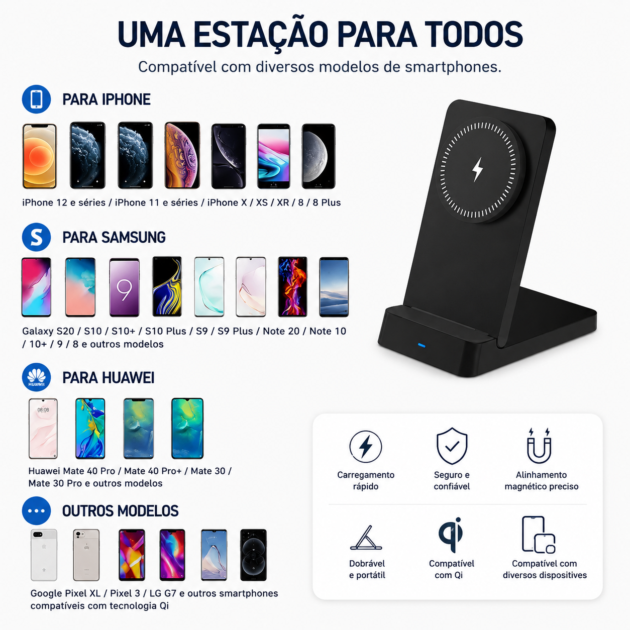 Carregador magnético compatível com iPhone Samsung Huawei e outros modelos