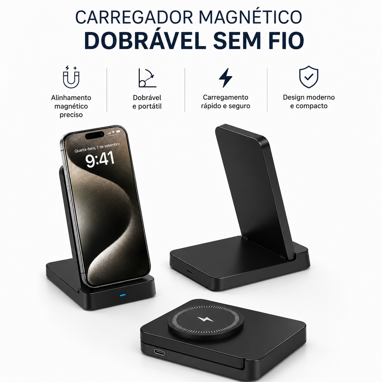 Carregador magnético dobrável sem fio em três posições